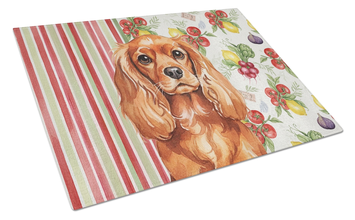 Picture of Carolines Treasures WDK8236LCB 11.25 x 15.25 in. Ruby English Toy Spaniel Vegetables Glass Cutting Board
