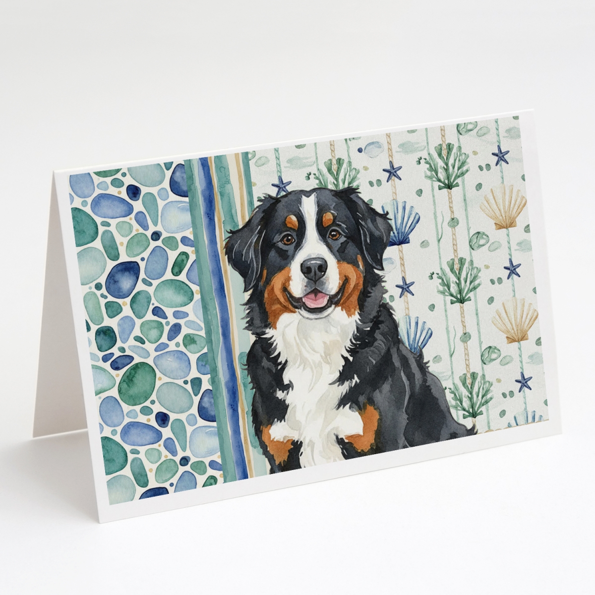WDK6913GCA7P 5 x 7 in. Bernese Mountain Dog Coastal Sea Glass Greeting Cards, Pack of 8