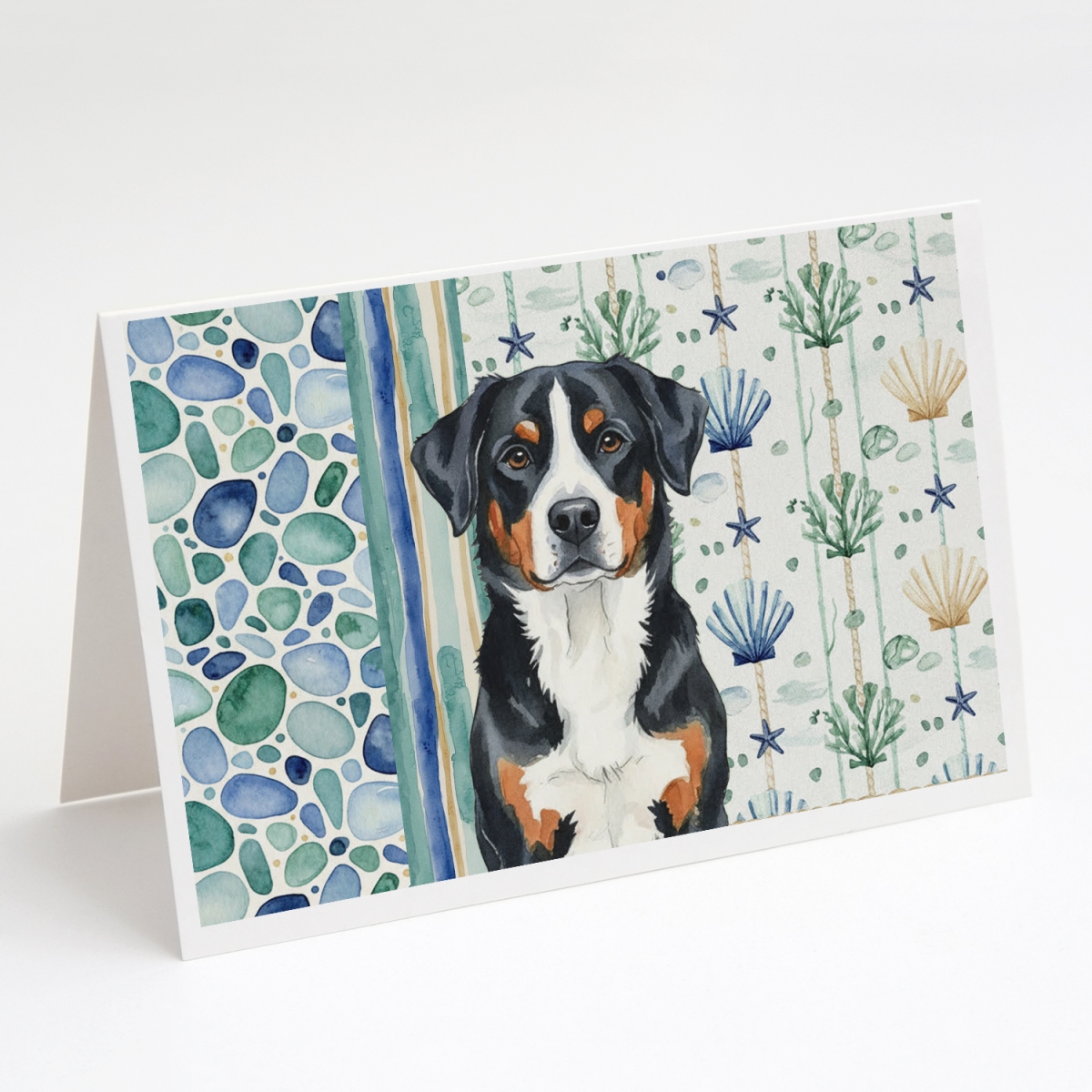 WDK7059GCA7P 5 x 7 in. Greater Swiss Mountain Dog Coastal Sea Glass Greeting Cards, Pack of 8