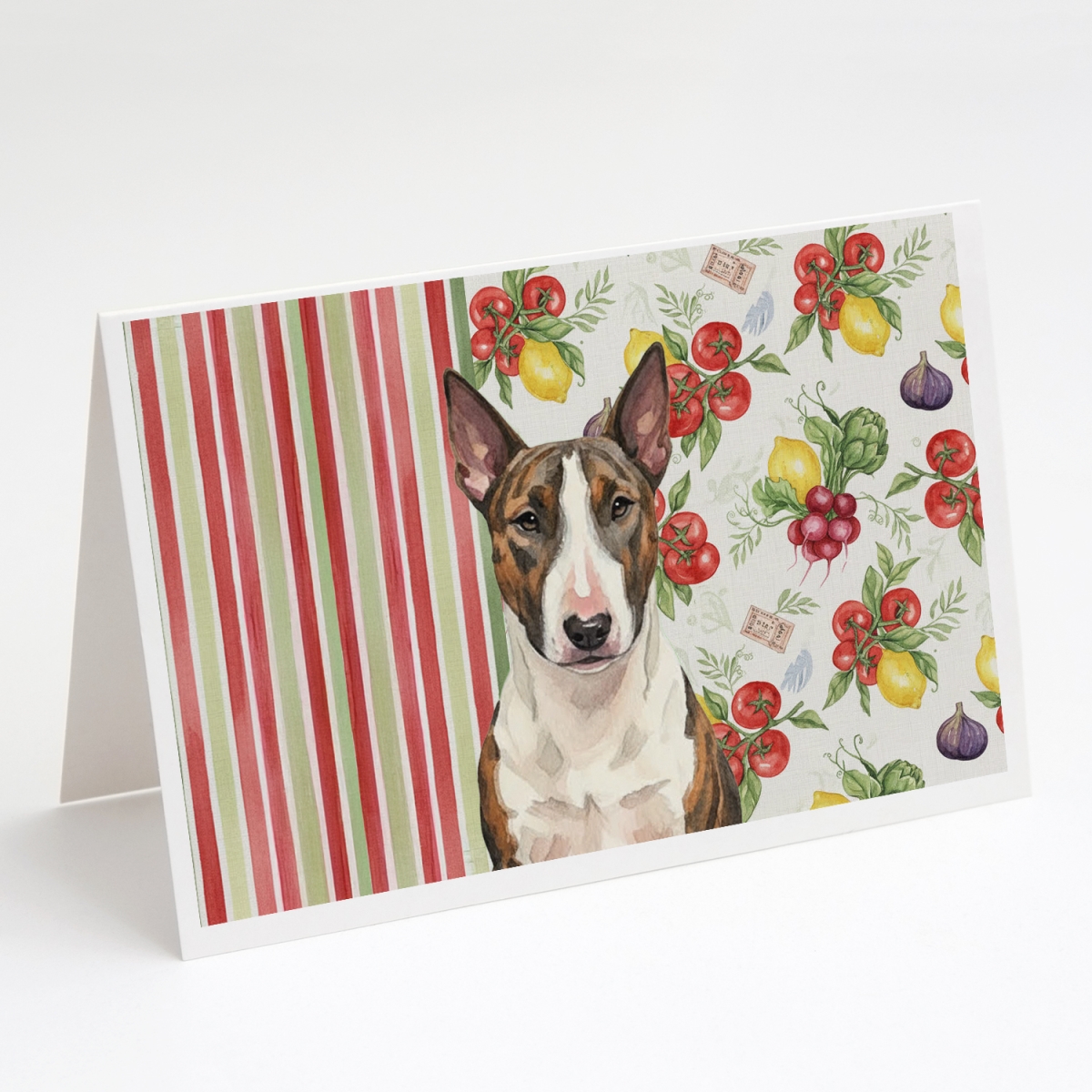 WDK8149GCA7P 5 x 7 in. Brindle & White Bull Terrier Vegetables Greeting Cards, Pack of 8