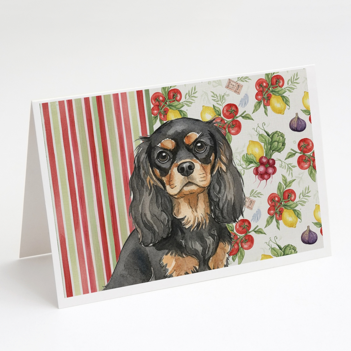 WDK8162GCA7P 5 x 7 in. Black & Tan Cavalier Spaniel Vegetables Greeting Cards, Pack of 8