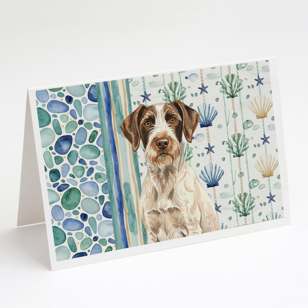 WDK7049GCA7P 5 x 7 in. Liver & White German Wirehaired Pointer Coastal Sea Glass Greeting Cards, Pack of 8