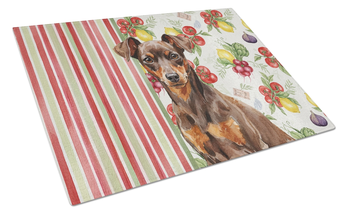 Picture of Carolines Treasures WDK8314LCB 11.25 x 15.25 in. Chocolate & Rust Miniature Pinscher Min Pin Vegetables Glass Cutting Board