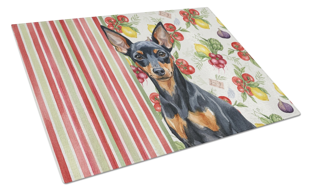Picture of Carolines Treasures WDK8315LCB 11.25 x 15.25 in. Black & Tan Miniature Pinscher Vegetables Glass Cutting Board