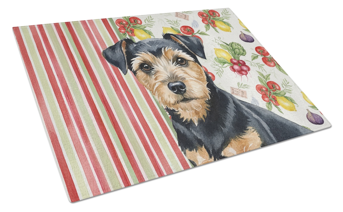 Picture of Carolines Treasures WDK8328LCB 11.25 x 15.25 in. Black & Tan Norfolk Terrier Vegetables Glass Cutting Board