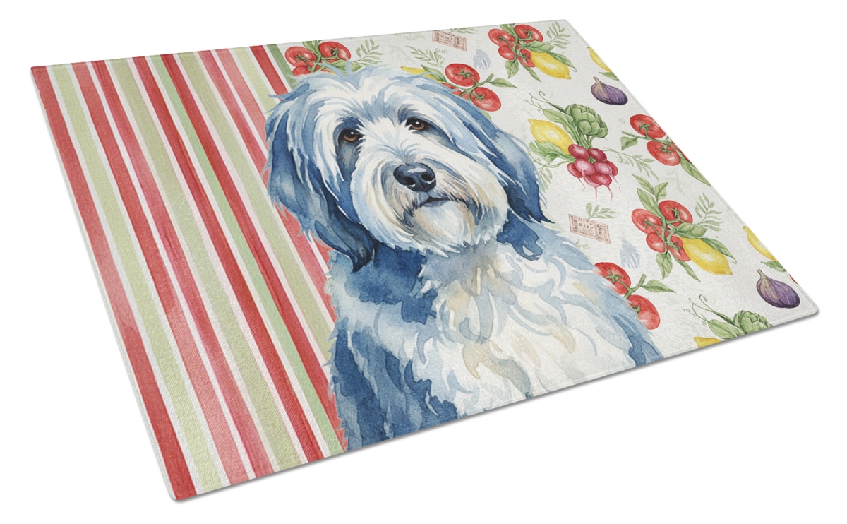 WDK8336LCB 11.25 x 15.25 in. Blue & White Old English Sheepdog Vegetables Glass Cutting Board
