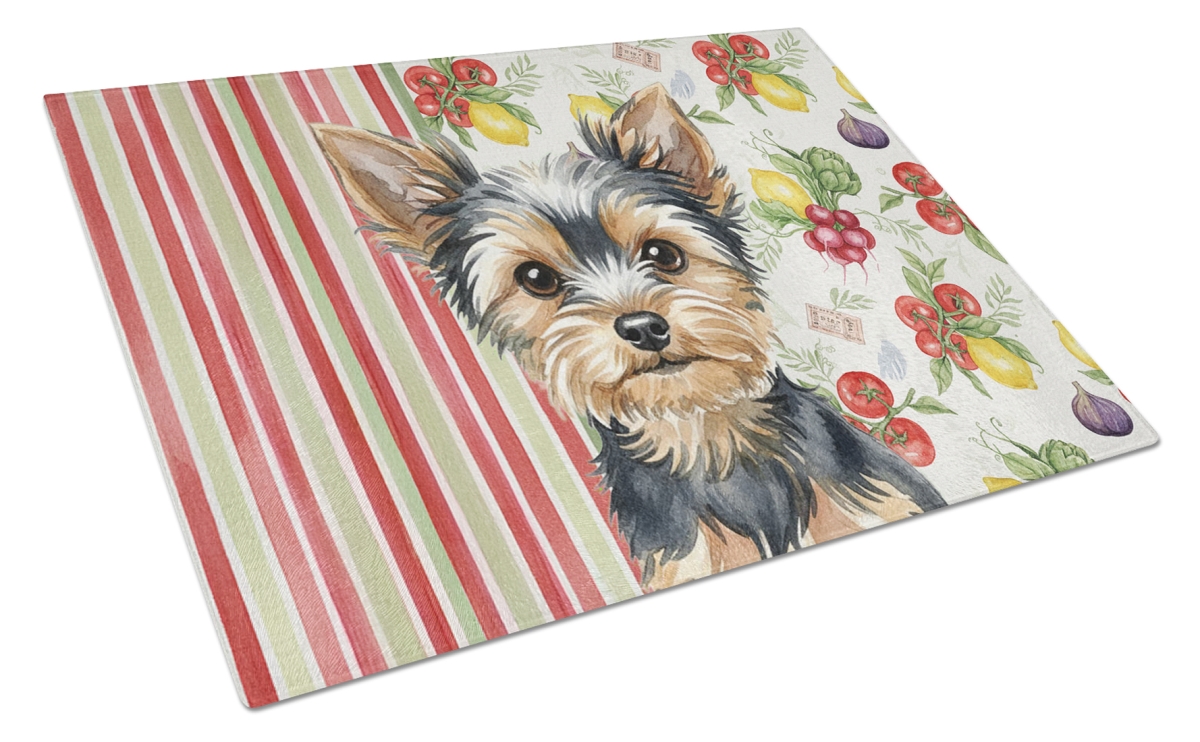 Picture of Carolines Treasures WDK8463LCB 11.25 x 15.25 in. Black & Tan Yorkshire Terrier Vegetables Glass Cutting Board