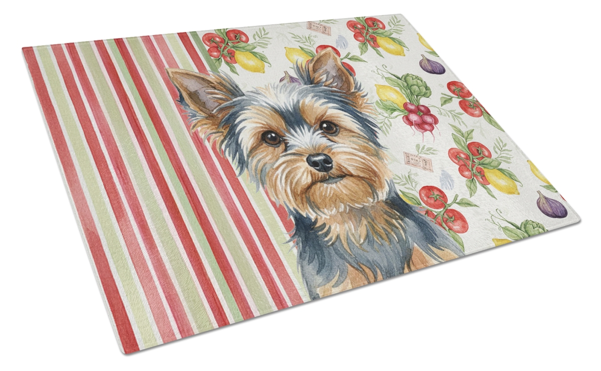 Picture of Carolines Treasures WDK8464LCB 11.25 x 15.25 in. Blue & Tan Yorkshire Terrier Vegetables Glass Cutting Board