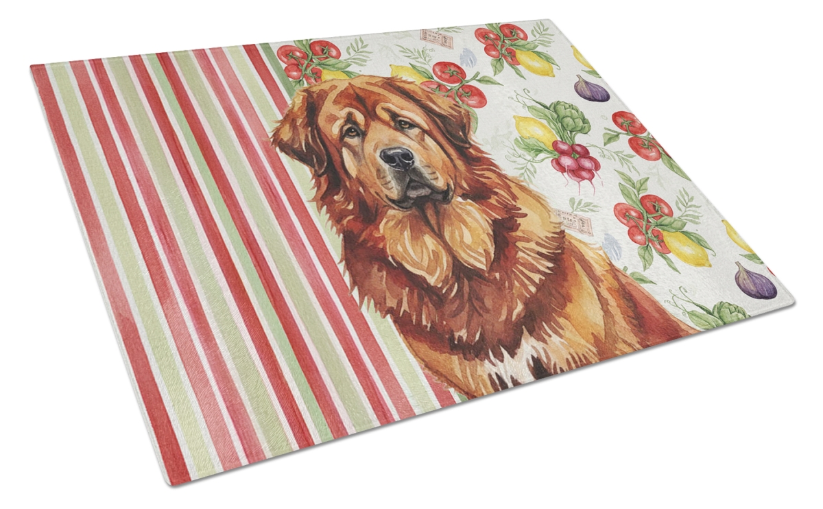 Picture of Carolines Treasures WDK8436LCB 11.25 x 15.25 in. Red Gold Tibetan Mastiff Vegetables Glass Cutting Board