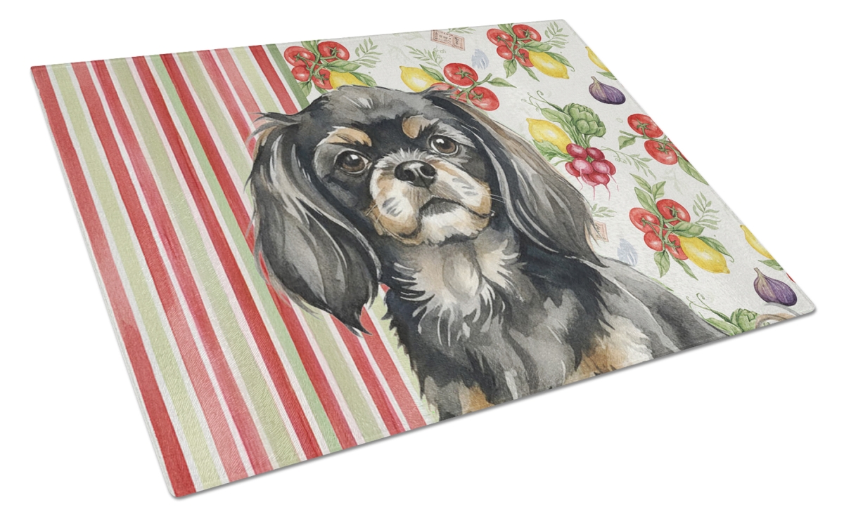 Picture of Carolines Treasures WDK8437LCB 11.25 x 15.25 in. Black & Tan Tibetan Spaniel Vegetables Glass Cutting Board
