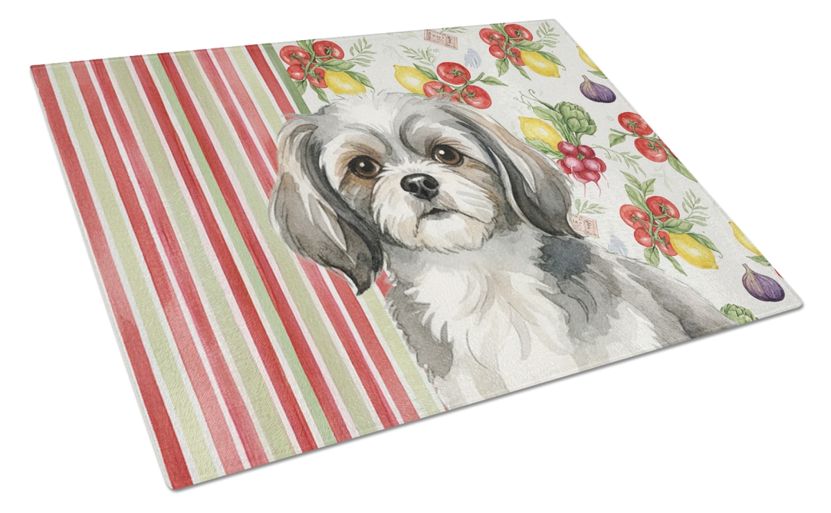 Picture of Carolines Treasures WDK8441LCB 11.25 x 15.25 in. Gray & White Tibetan Spaniel Vegetables Glass Cutting Board