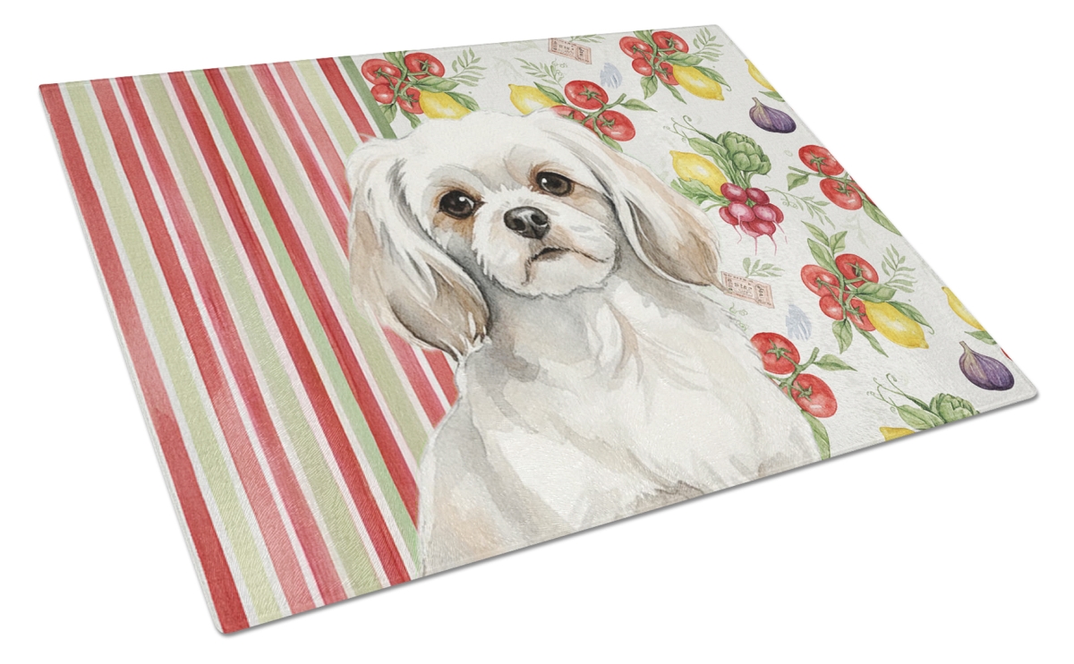 Picture of Carolines Treasures WDK8443LCB 11.25 x 15.25 in. White Tibetan Spaniel Vegetables Glass Cutting Board