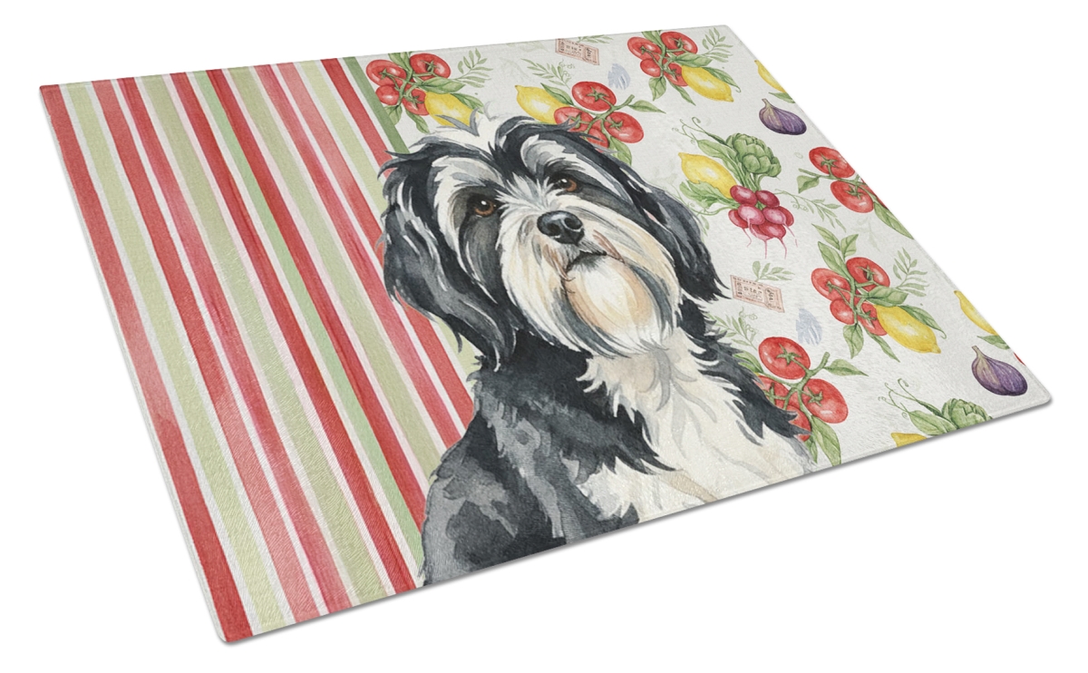Picture of Carolines Treasures WDK8444LCB 11.25 x 15.25 in. Black & White Tibetan Terrier Vegetables Glass Cutting Board