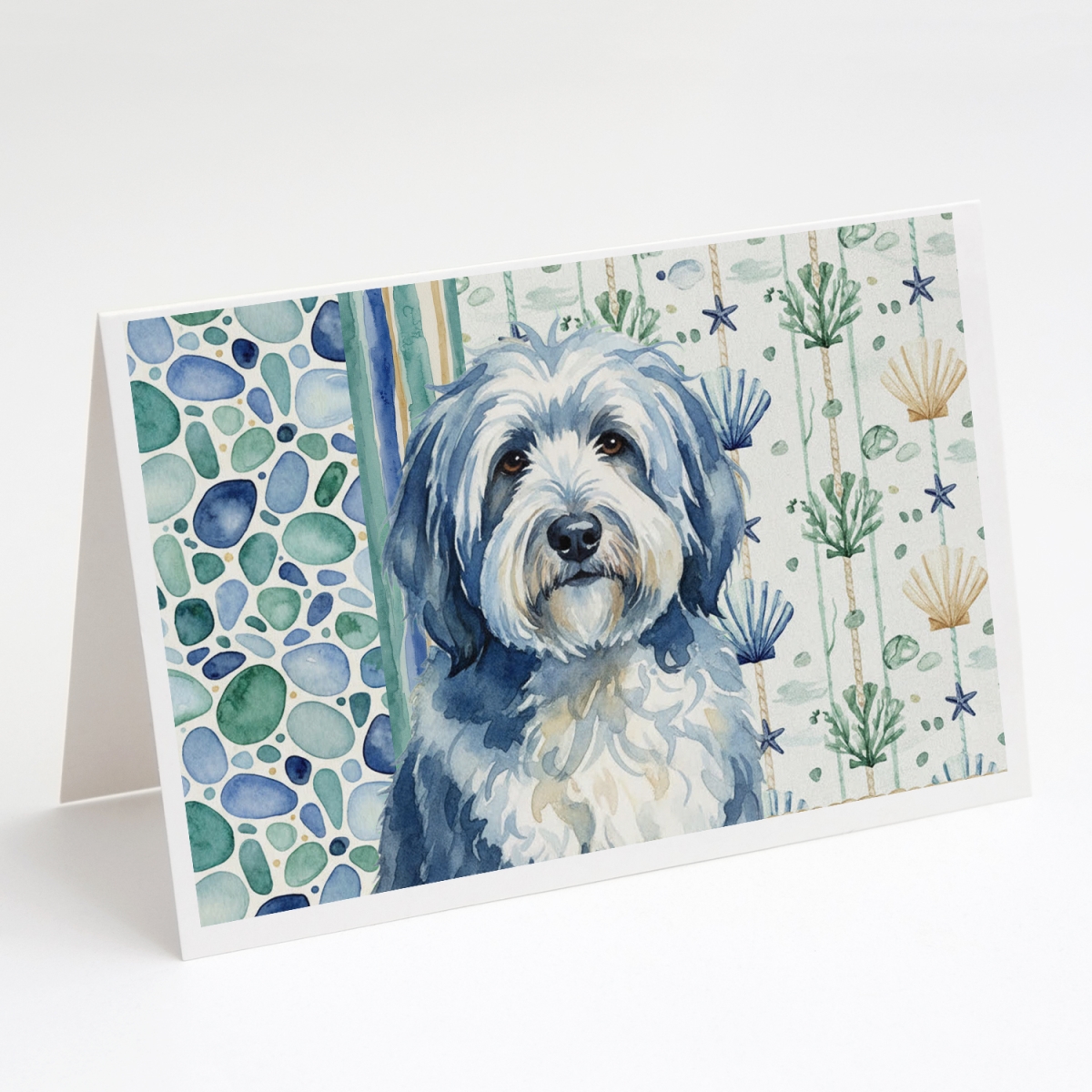 WDK7136GCA7P 5 x 7 in. Blue & White Old English Sheepdog Coastal Sea Glass Greeting Cards, Pack of 8