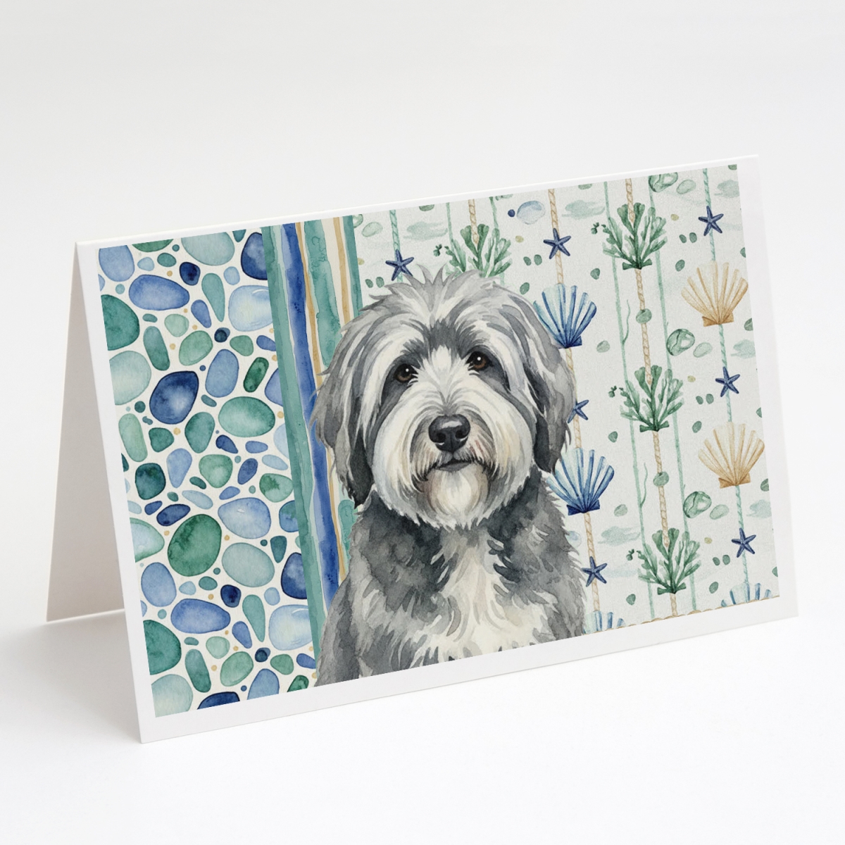 WDK7137GCA7P 5 x 7 in. Gray & White Old English Sheepdog Coastal Sea Glass Greeting Cards, Pack of 8