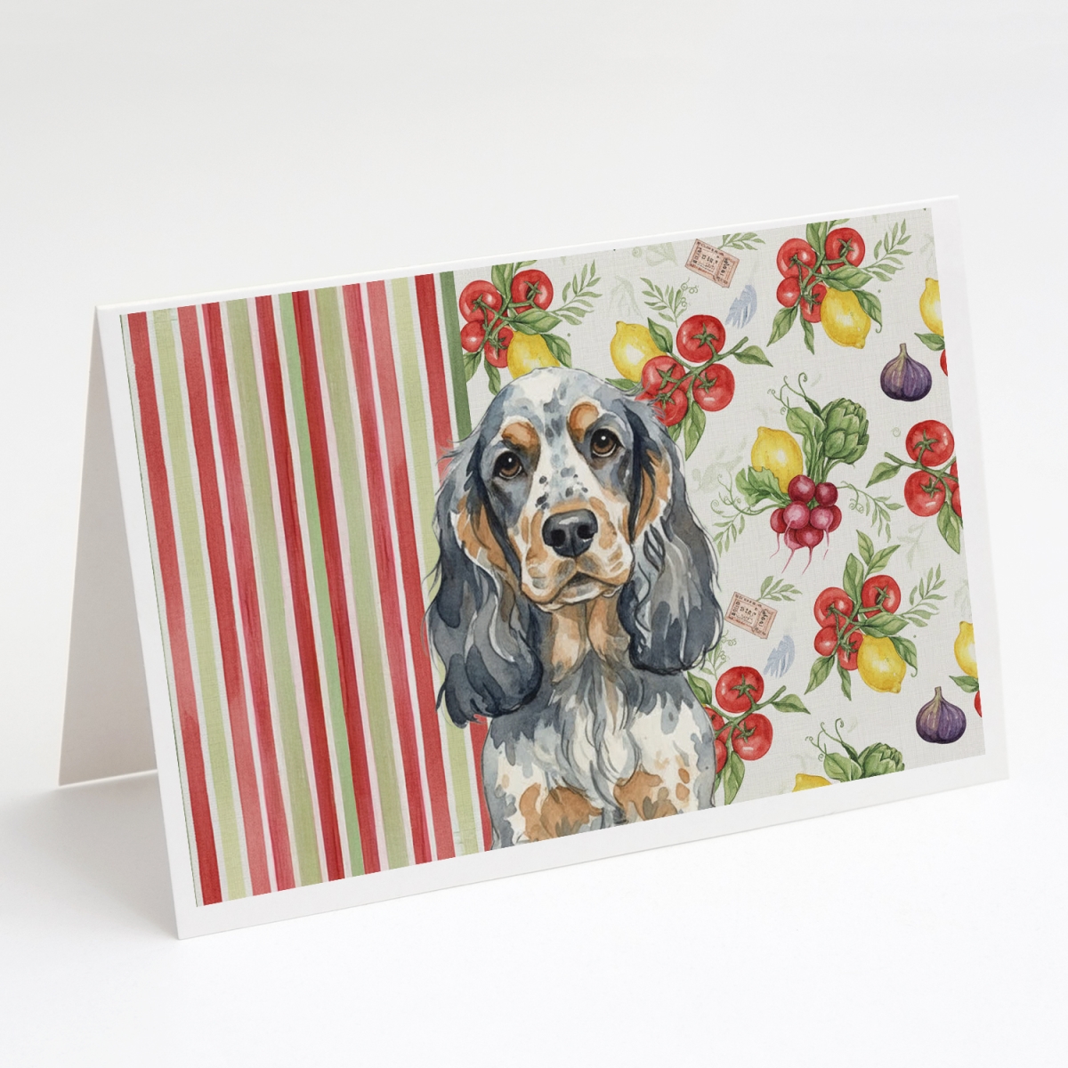 WDK8217GCA7P 5 x 7 in. Blue Roan & Tan English Cocker Spaniel Vegetables Greeting Cards, Pack of 8
