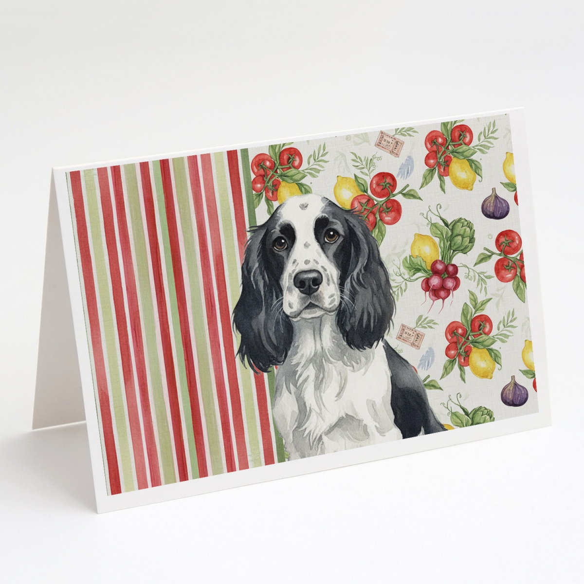 WDK8232GCA7P 5 x 7 in. Black & White English Springer Spaniel Vegetables Greeting Cards, Pack of 8