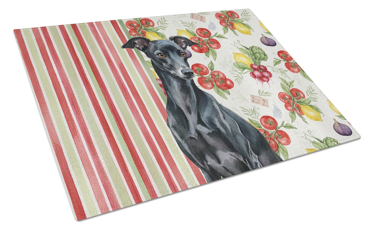 Picture of Carolines Treasures WDK8277LCB 11.25 x 15.25 in. Black Italian Greyhound Vegetables Glass Cutting Board