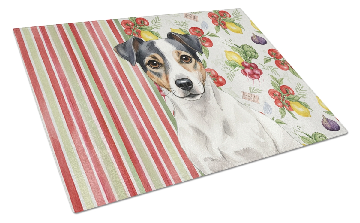 Picture of Carolines Treasures WDK8282LCB 11.25 x 15.25 in. White & Black Jack Russell Terrier Vegetables Glass Cutting Board