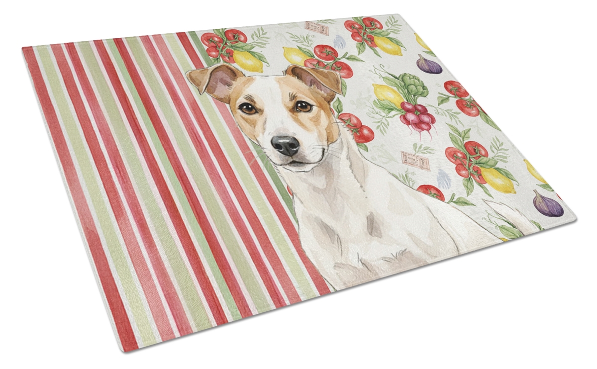 Picture of Carolines Treasures WDK8283LCB 11.25 x 15.25 in. White & Tan Jack Russell Terrier Vegetables Glass Cutting Board