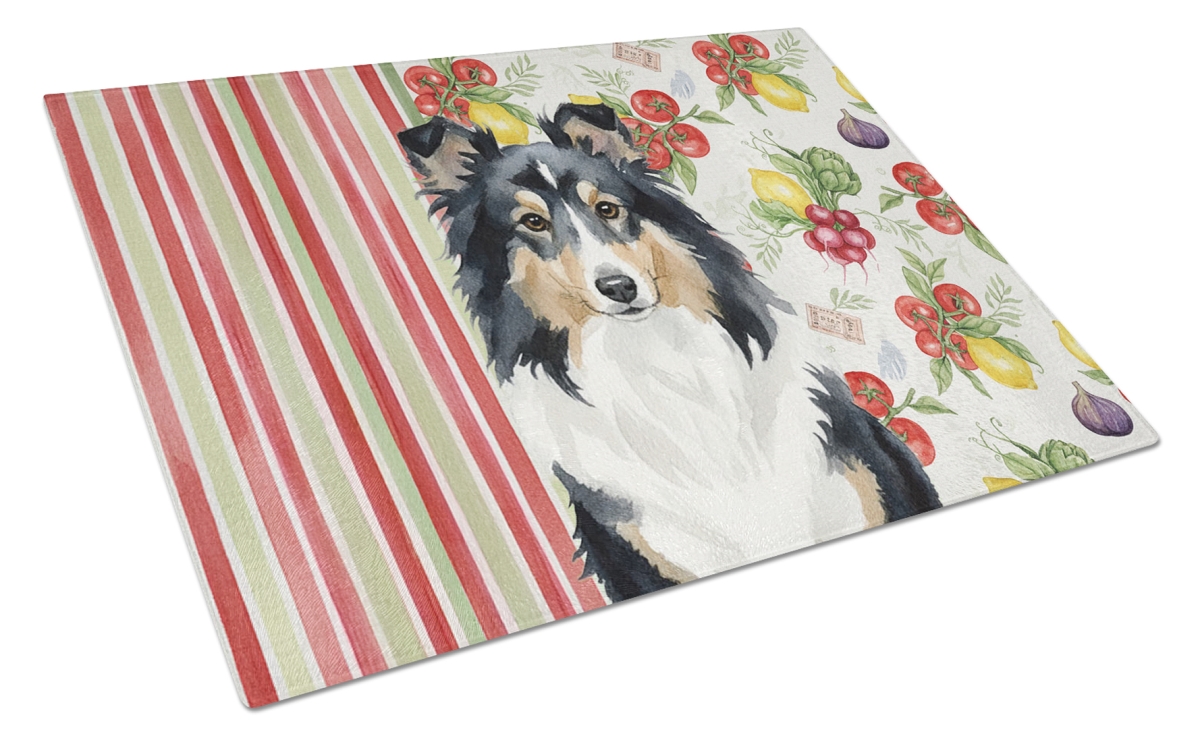 Picture of Carolines Treasures WDK8410LCB 11.25 x 15.25 in. Tricolor Sheltie Vegetables Glass Cutting Board