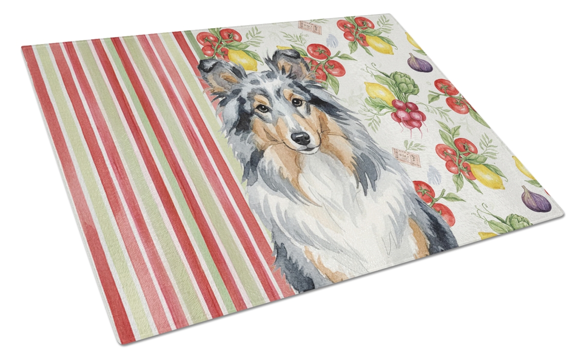 Picture of Carolines Treasures WDK8411LCB 11.25 x 15.25 in. Blue Merle Sheltie Vegetables Glass Cutting Board