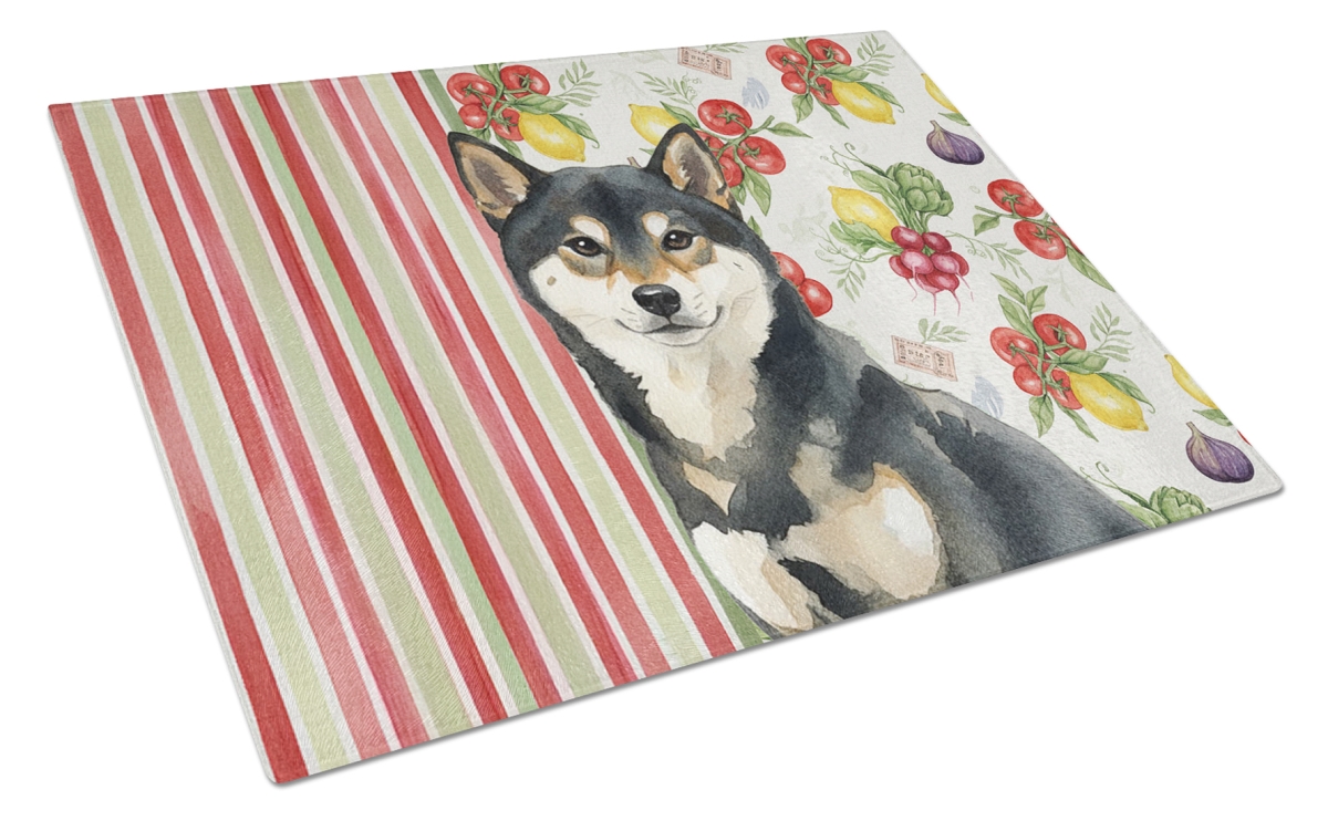Picture of Carolines Treasures WDK8413LCB 11.25 x 15.25 in. Black & Tan Shiba Inu Vegetables Glass Cutting Board