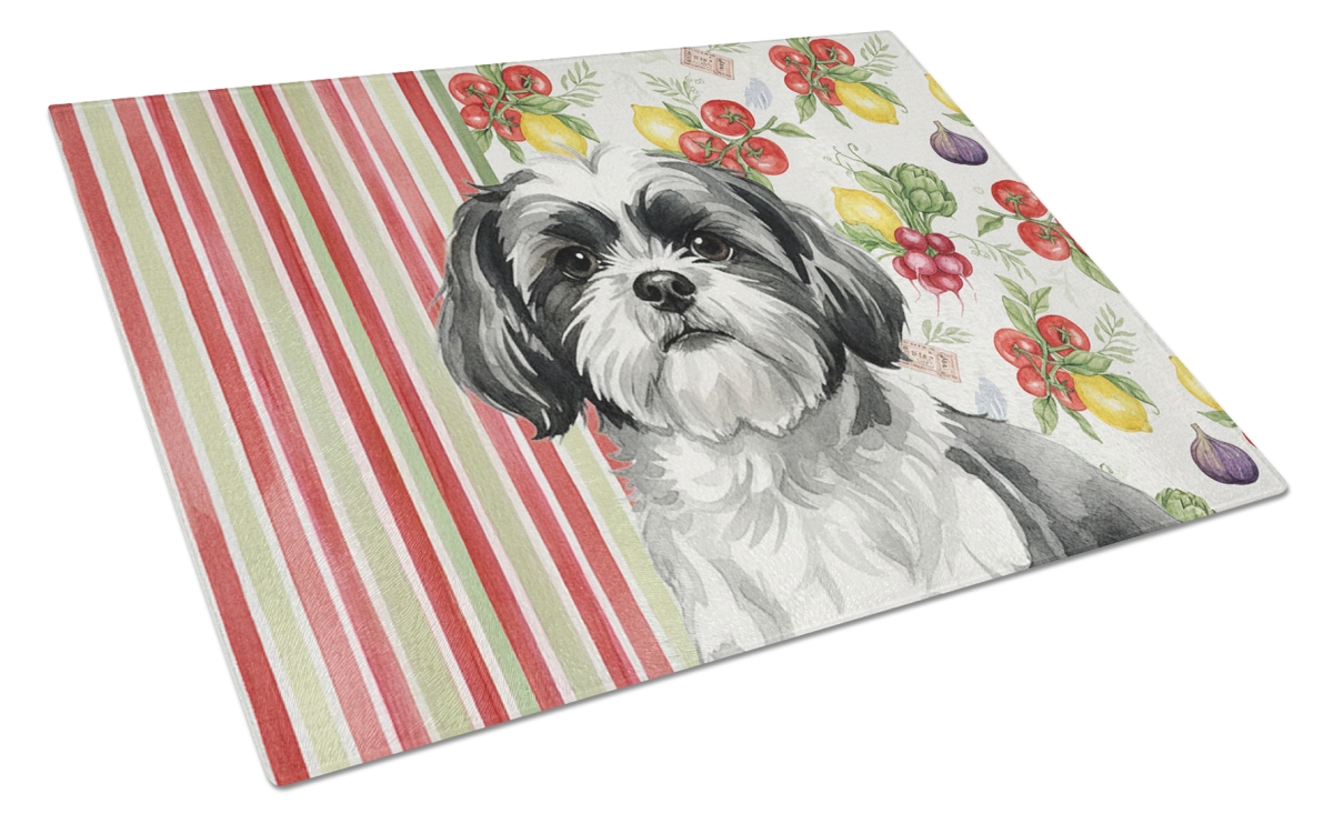 Picture of Carolines Treasures WDK8416LCB 11.25 x 15.25 in. Black & White Shih Tzu Vegetables Glass Cutting Board