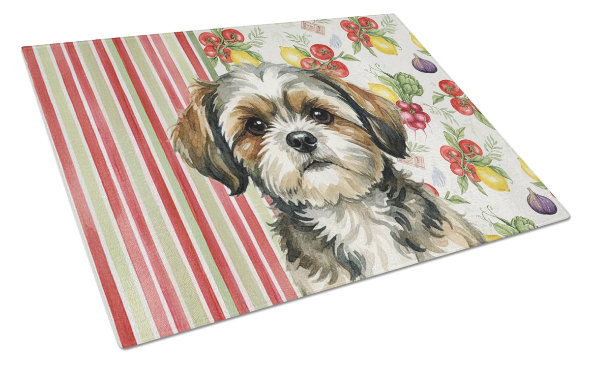 Picture of Carolines Treasures WDK8417LCB 11.25 x 15.25 in. Brindle Shih Tzu Vegetables Glass Cutting Board