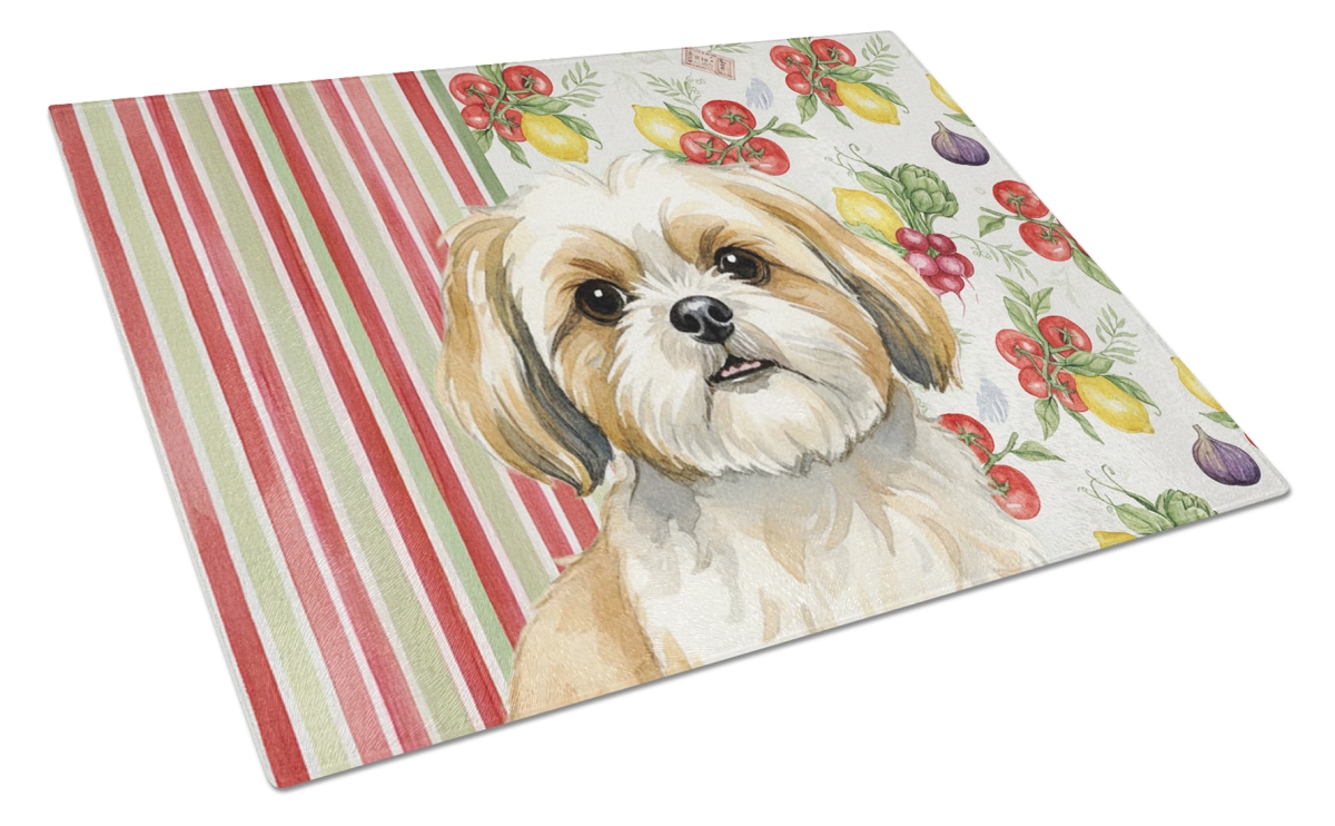Picture of Carolines Treasures WDK8418LCB 11.25 x 15.25 in. Gold & White Shih Tzu Vegetables Glass Cutting Board