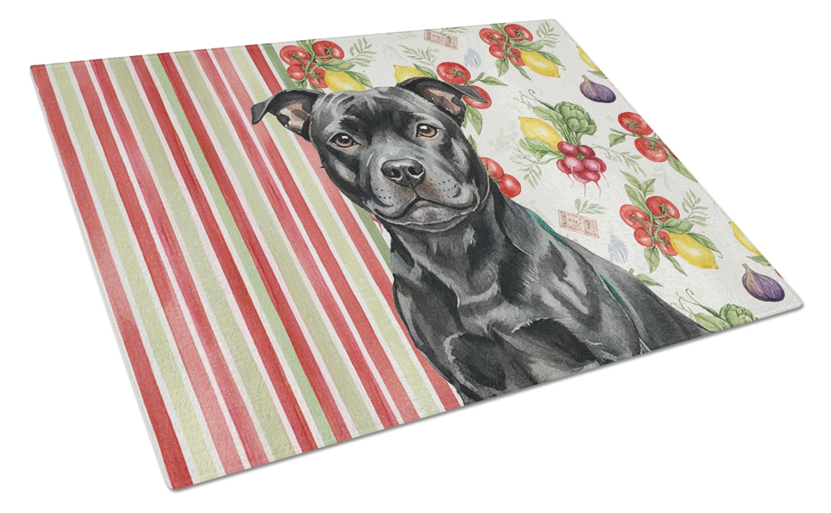 Picture of Carolines Treasures WDK8428LCB 11.25 x 15.25 in. Black Staffordshire Bull Terrier Vegetables Glass Cutting Board