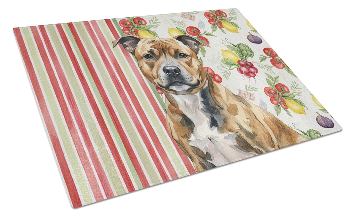Picture of Carolines Treasures WDK8429LCB 11.25 x 15.25 in. Brindle Staffordshire Bull Terrier Vegetables Glass Cutting Board