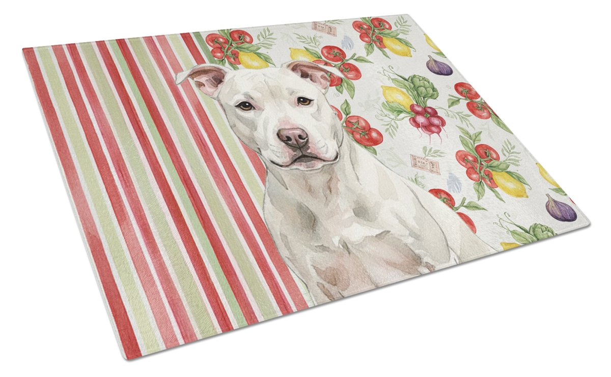 Picture of Carolines Treasures WDK8431LCB 11.25 x 15.25 in. White Staffordshire Bull Terrier Vegetables Glass Cutting Board