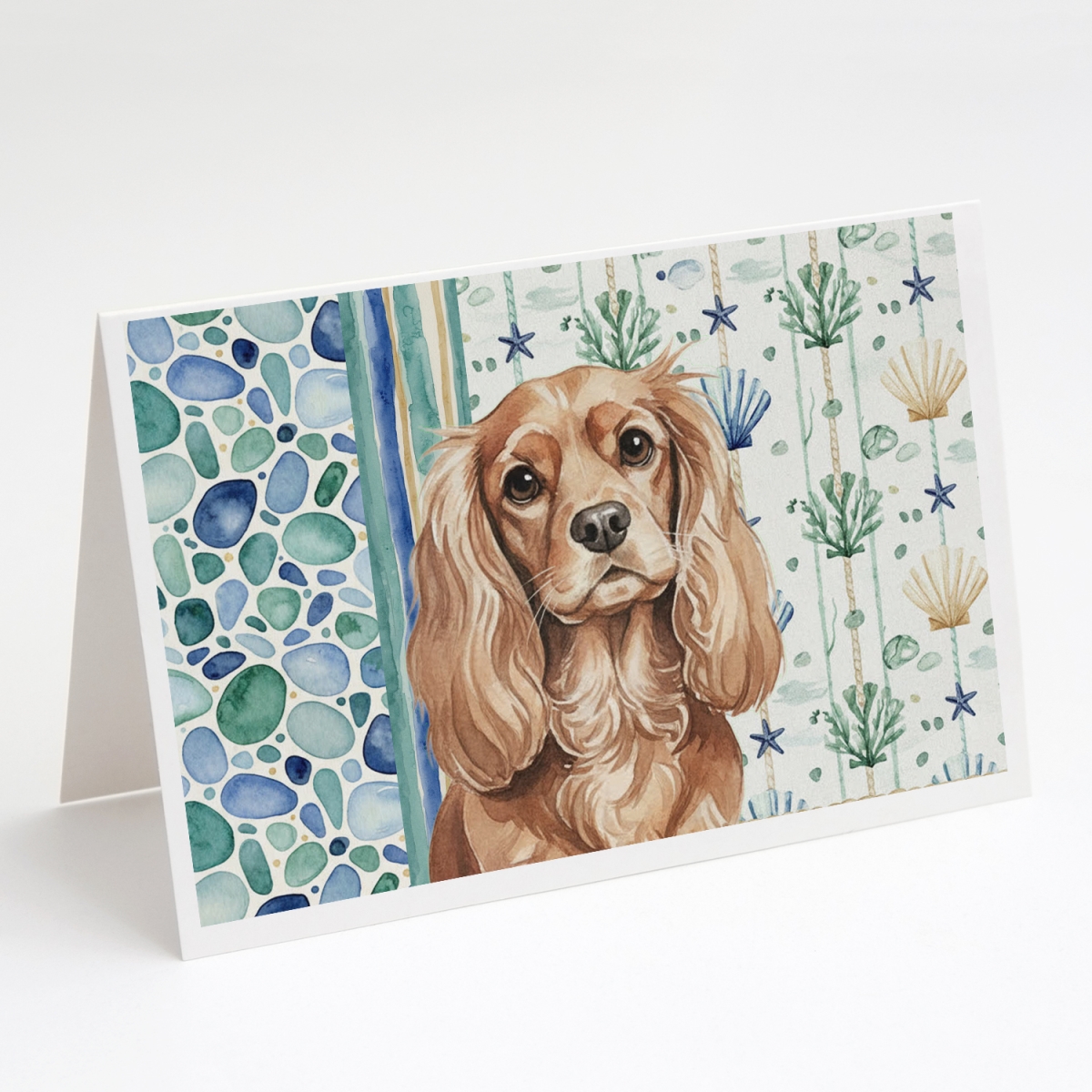 WDK6964GCA7P 5 x 7 in. Ruby Cavalier Spaniel Coastal Sea Glass Greeting Cards, Pack of 8