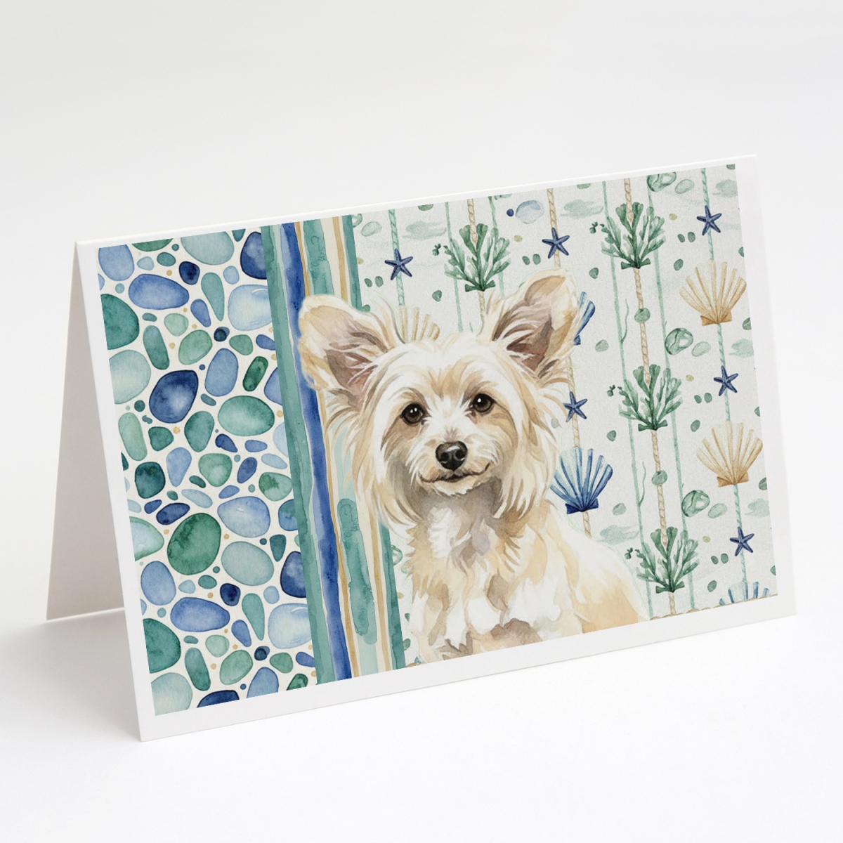 WDK6976GCA7P 5 x 7 in. Powderpuff Chinese Crested Coastal Sea Glass Greeting Cards, Pack of 8