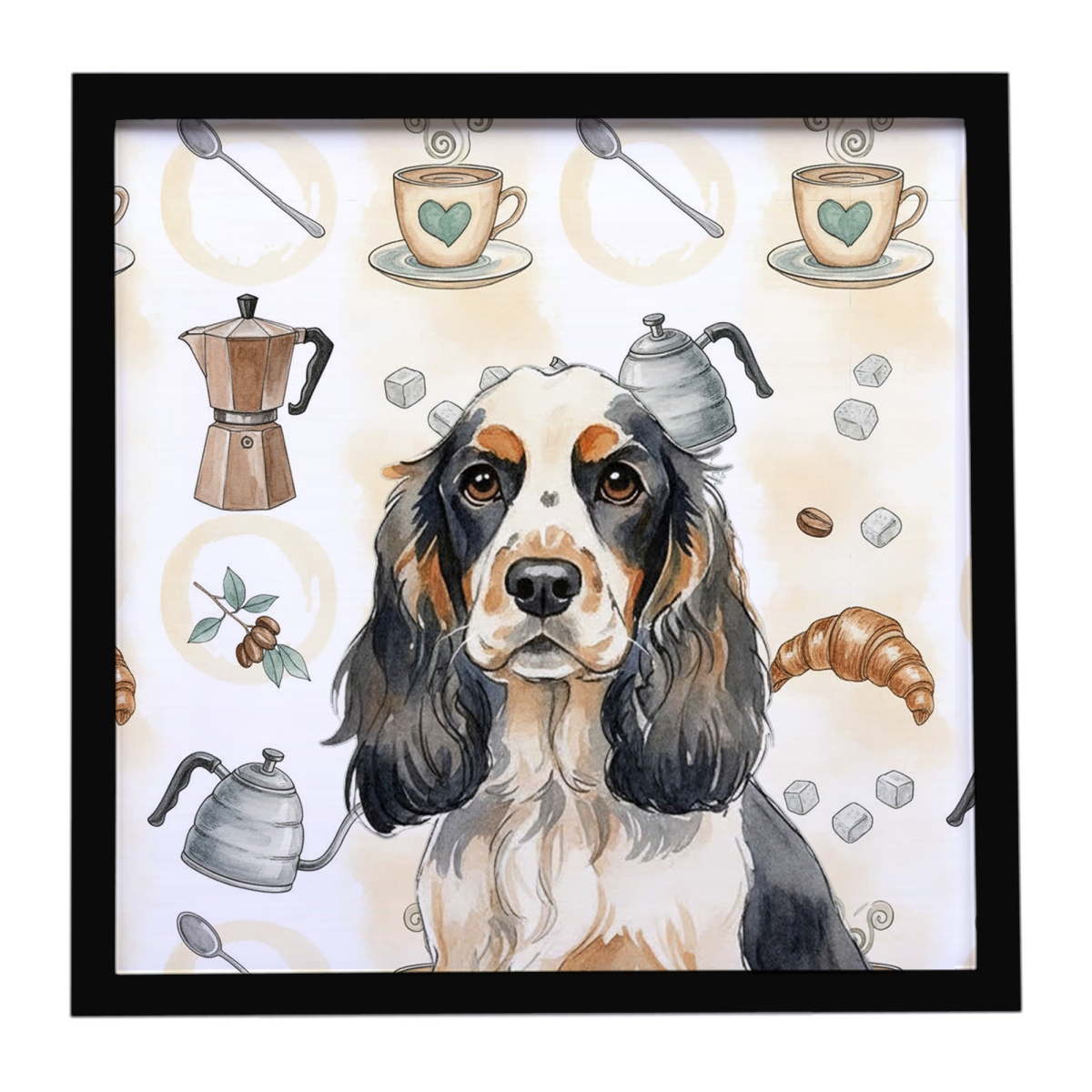 WDK7384MFP88 8 x 8 in. Parti Cocker Spaniel Coffee Bar Framed Metal Print