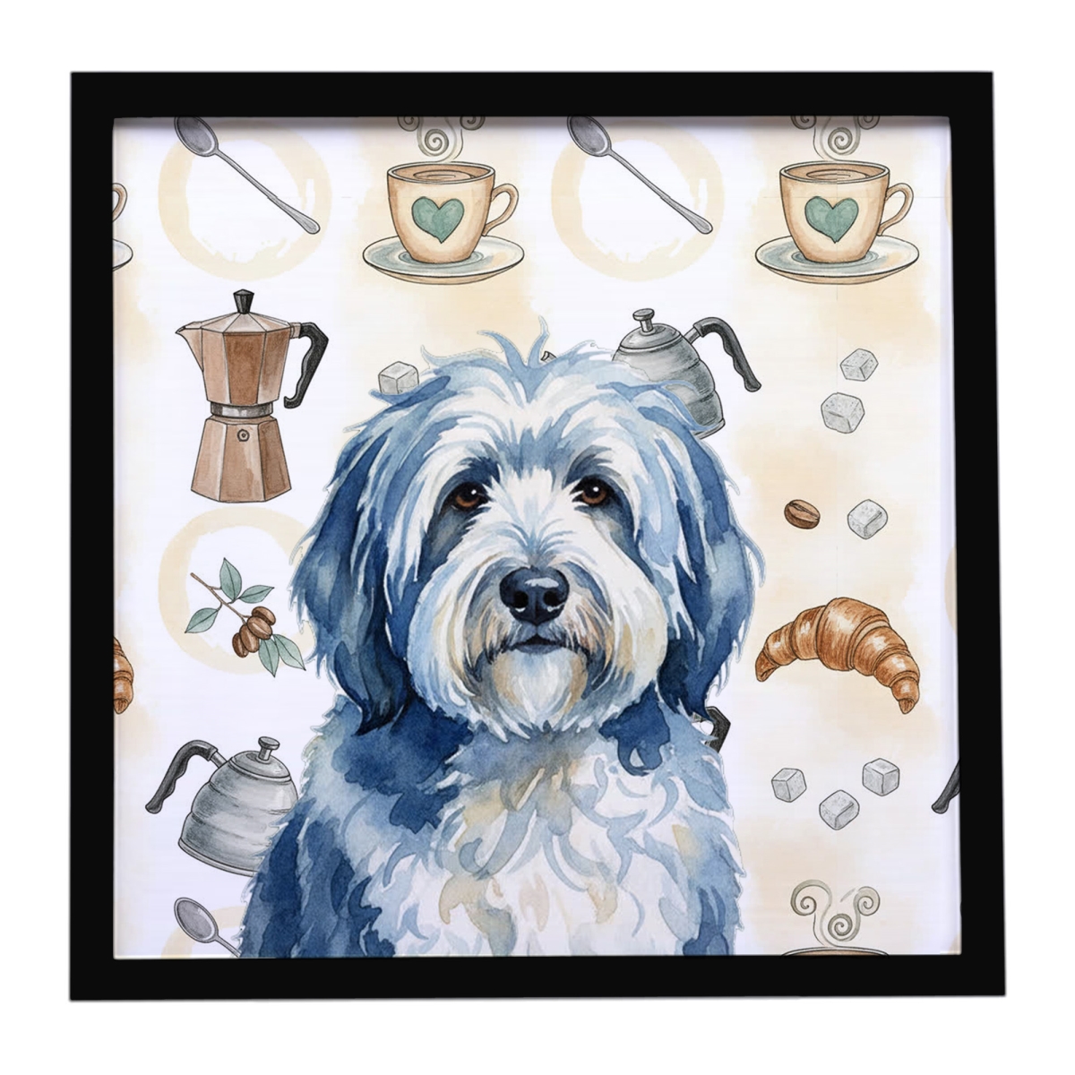 WDK7536MFP88 8 x 8 in. Blue & White Old English Sheepdog Coffee Bar Framed Metal Print