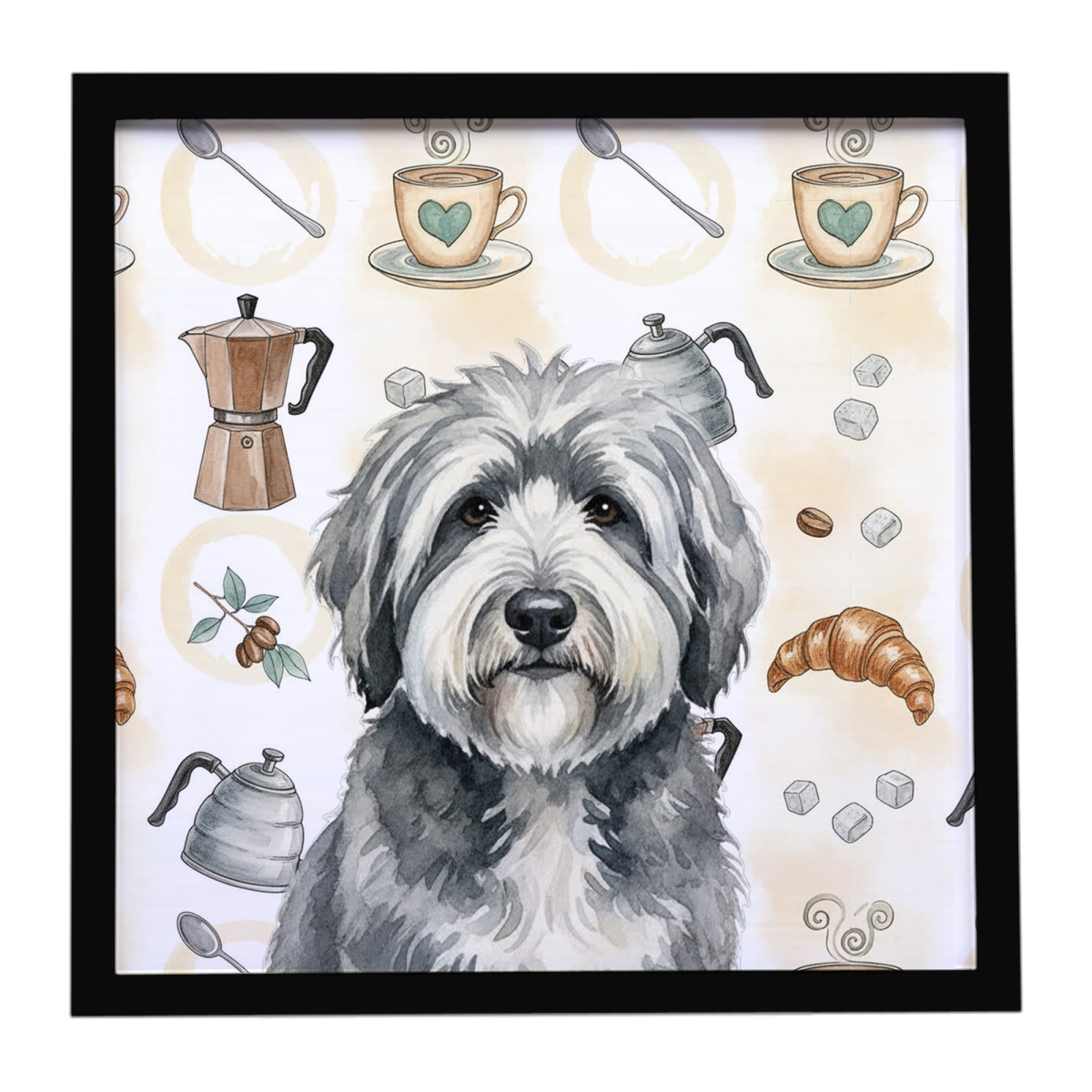 WDK7537MFP88 8 x 8 in. Gray & White Old English Sheepdog Coffee Bar Framed Metal Print