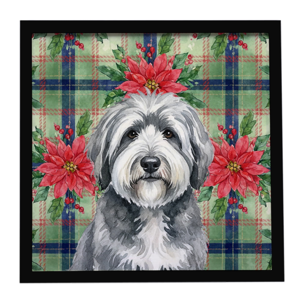 WDK8737MFP88 8 x 8 in. Gray & White Old English Sheepdog Christmas Poinsettias Framed Metal Print