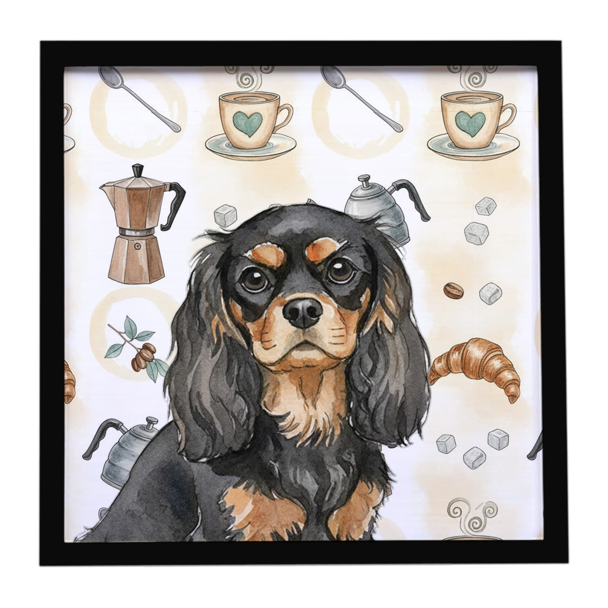WDK7362MFP88 8 x 8 in. Black & Tan Cavalier Spaniel Coffee Bar Framed Metal Print
