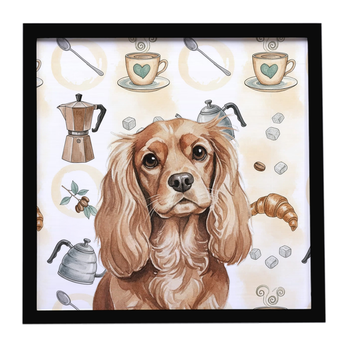 WDK7364MFP88 8 x 8 in. Ruby Cavalier Spaniel Coffee Bar Framed Metal Print