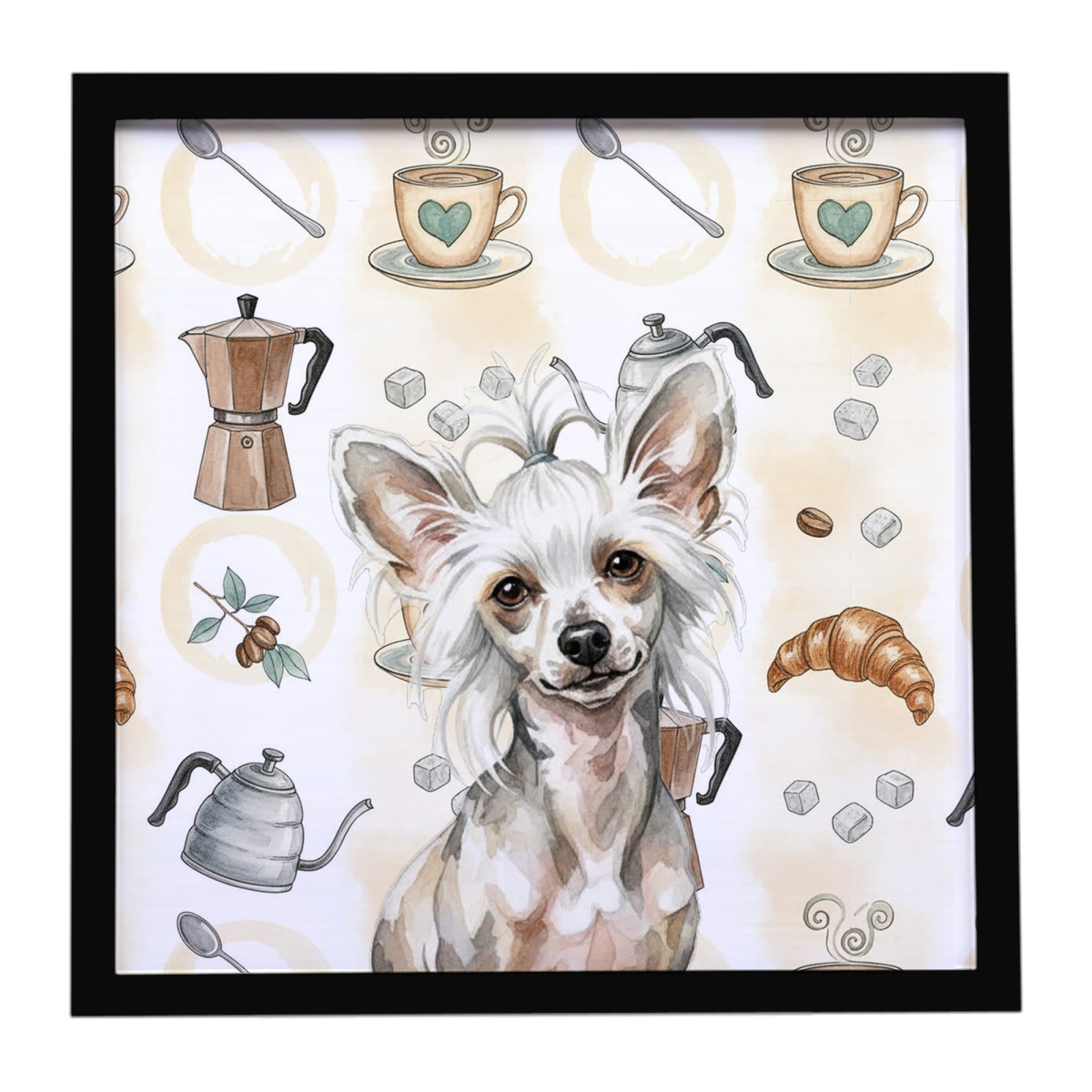 WDK7374MFP88 8 x 8 in. Hairless Mottled Pattern Chinese Crested Coffee Bar Framed Metal Print