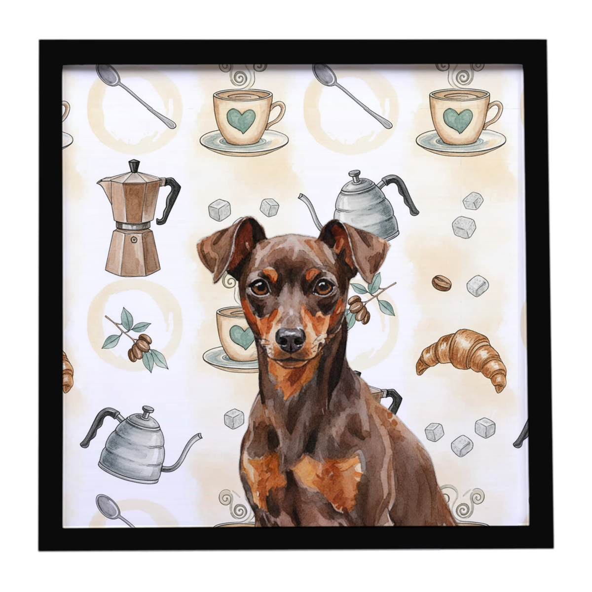 WDK7514MFP88 8 x 8 in. Chocolate & Rust Miniature Pinscher Min Pin Coffee Bar Framed Metal Print