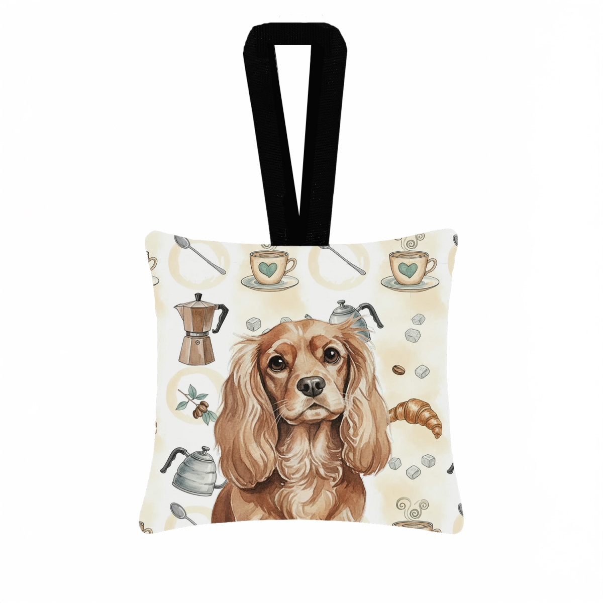 WDK7364PO3 3.5 x 3.5 in. Ruby Cavalier Spaniel Coffee Bar Hanging Square Fabric Ornament