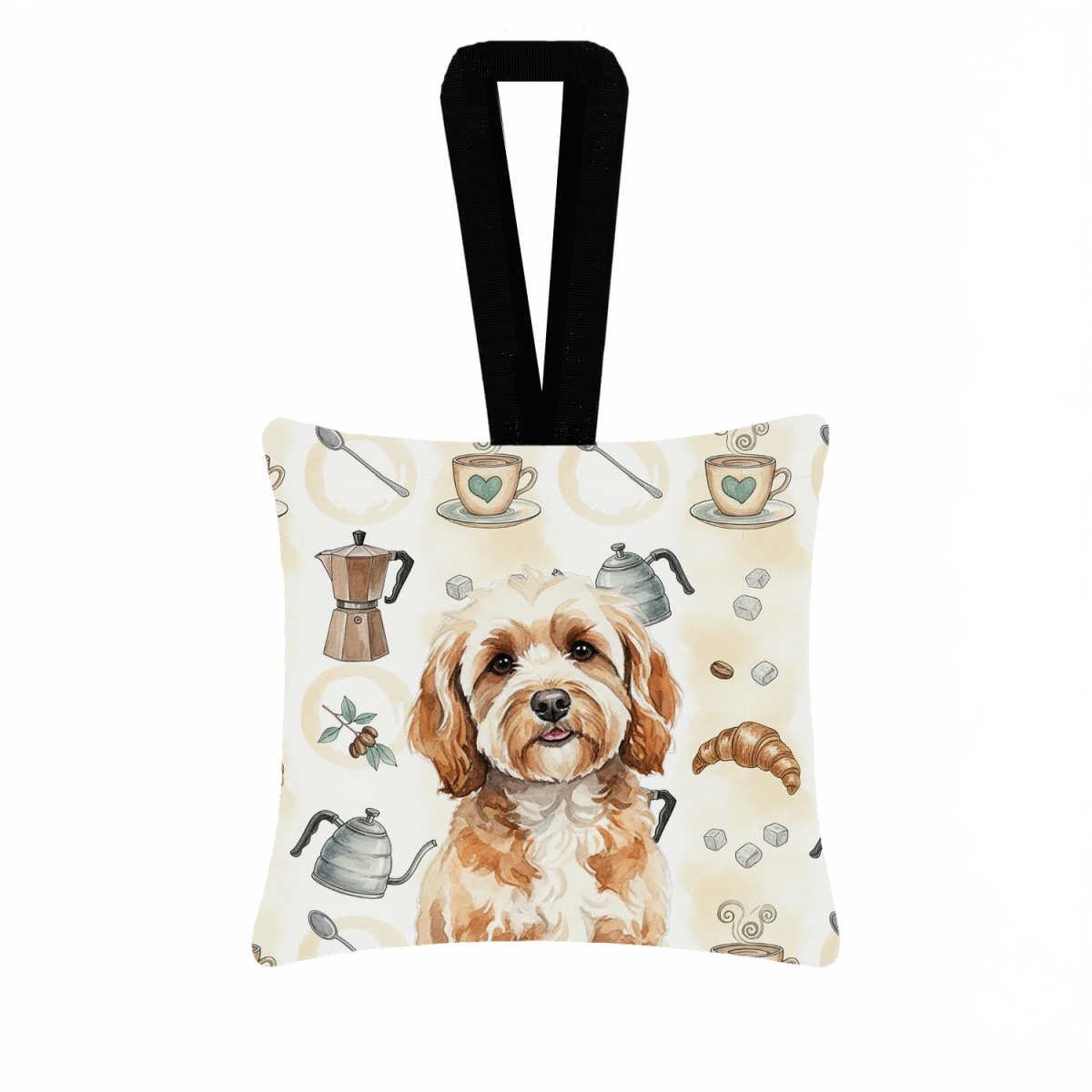 WDK7366PO3 3.5 x 3.5 in. Cavapoo Coffee Bar Hanging Square Fabric Ornament