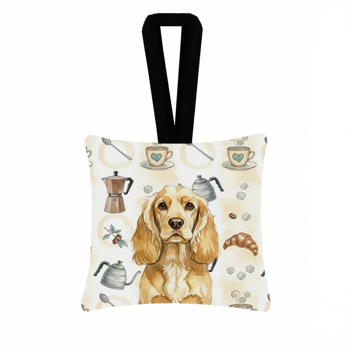 WDK7382PO3 3.5 x 3.5 in. Buff Cocker Spaniel Coffee Bar Hanging Square Fabric Ornament