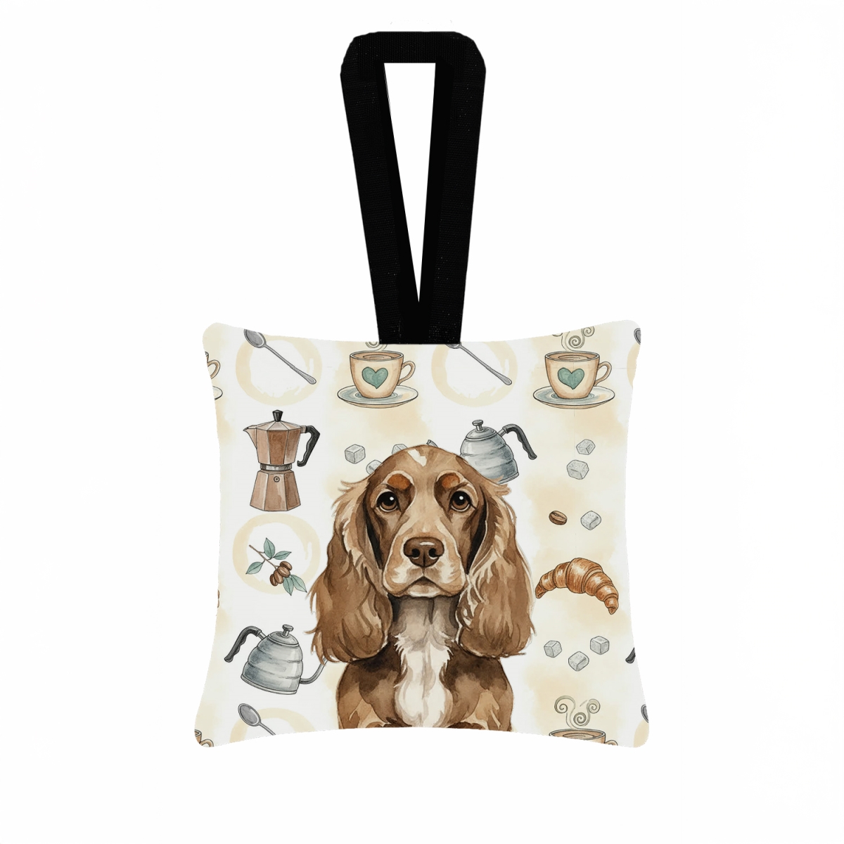 WDK7383PO3 3.5 x 3.5 in. Chocolate Cocker Spaniel Coffee Bar Hanging Square Fabric Ornament