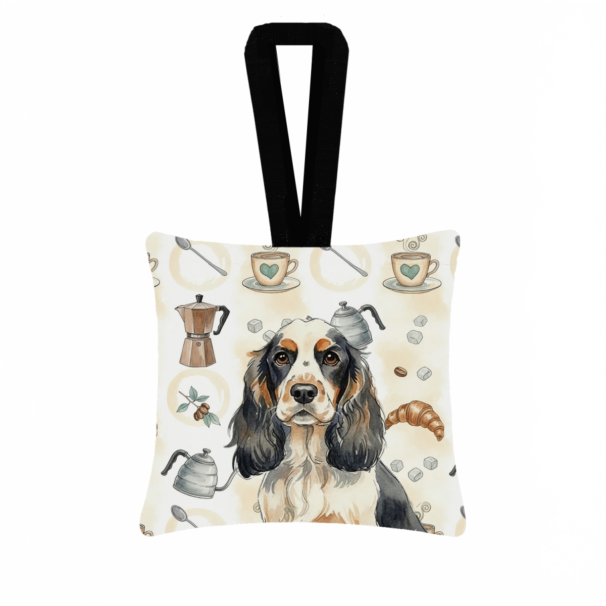 WDK7384PO3 3.5 x 3.5 in. Parti Cocker Spaniel Coffee Bar Hanging Square Fabric Ornament