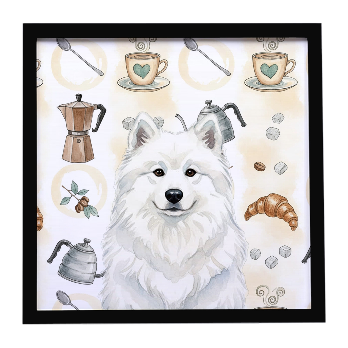 WDK7599MFP88 8 x 8 in. White Samoyed Coffee Bar Framed Metal Print