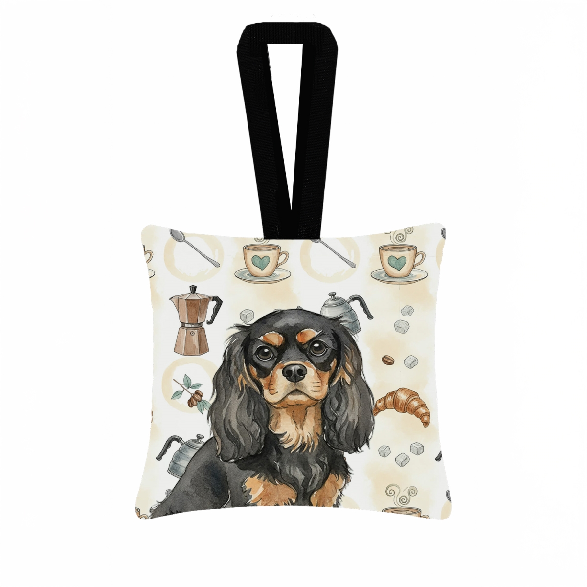 WDK7362PO3 3.5 x 3.5 in. Black & Tan Cavalier Spaniel Coffee Bar Hanging Square Fabric Ornament